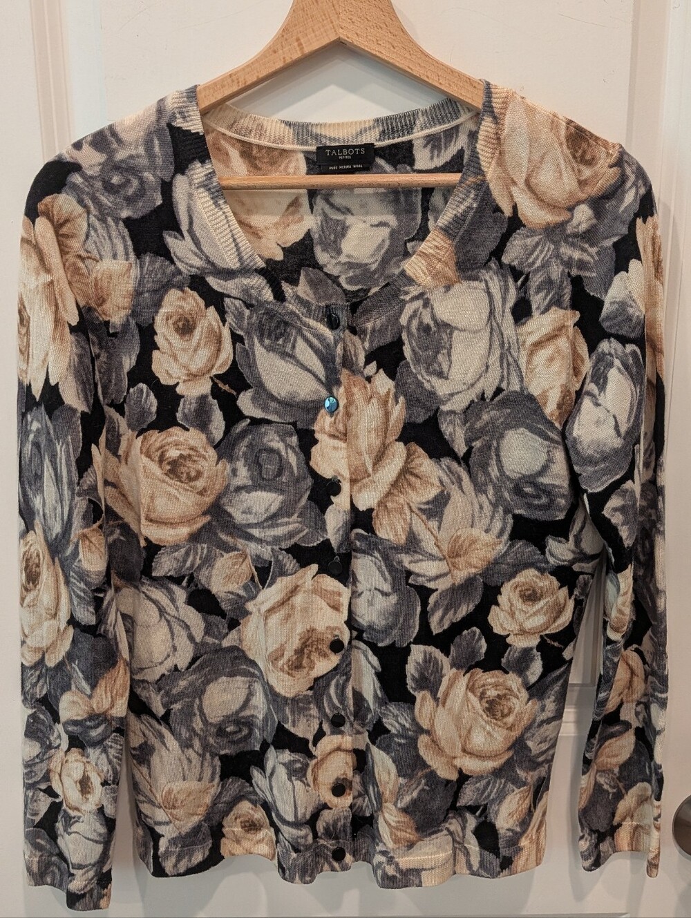 Talbots Cardigan Sweater Womens M Multicolor Cabbage Rose Print Pure Merino Wool